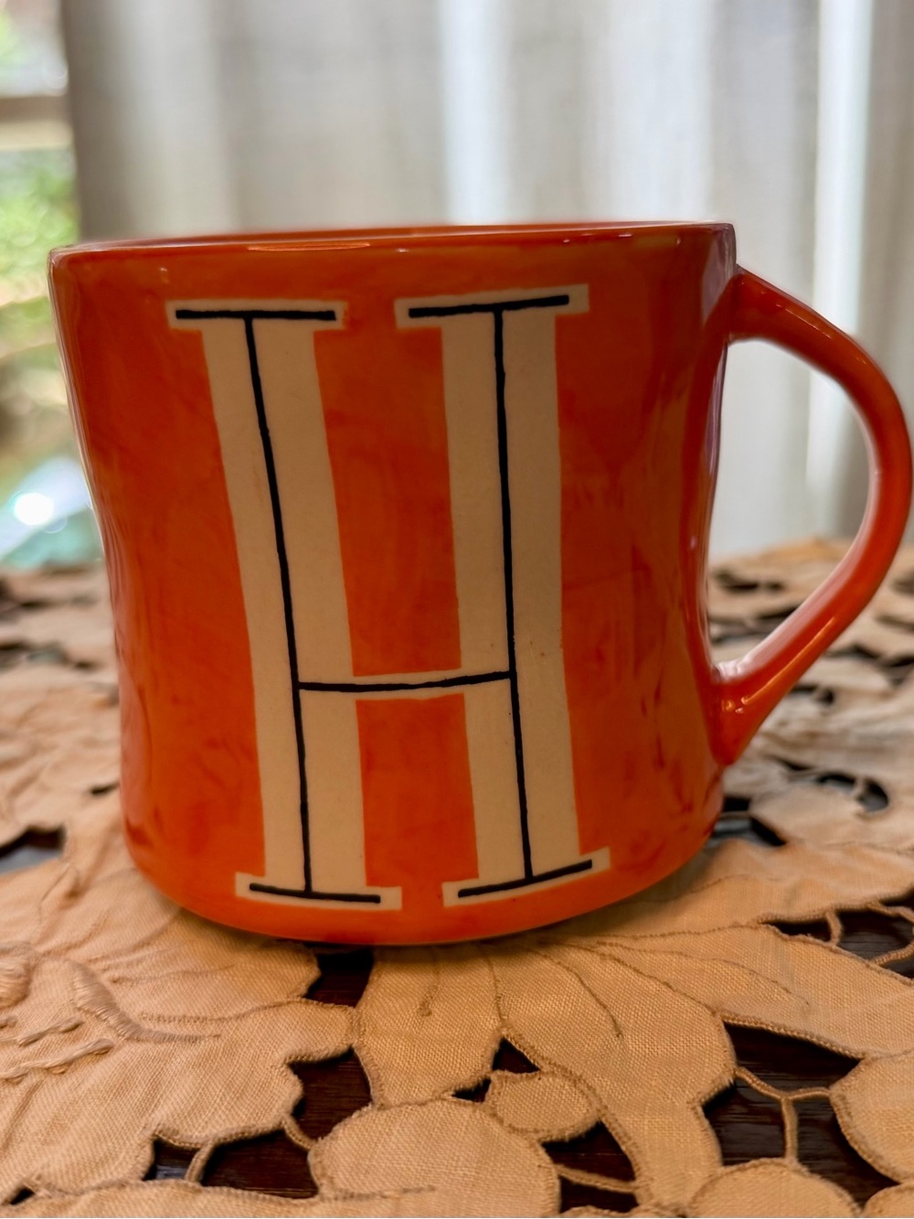 Anthropologie Orange Ceramic Monogram 'H' Coffee Mug